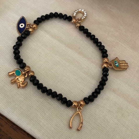 Faceted black Swarovski crystal Good Luck Charm Bracelet Hamsa Evil Eye - Picture 12 of 16